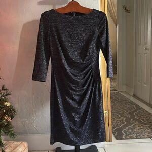 Chaps Navy Blue Shimmer Dress 3/4 Sleeve Cinched Waist Size Medium Holiday Party